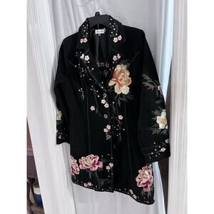 Time For Me Black Floral Embroidered Denim Button Up Coat S
